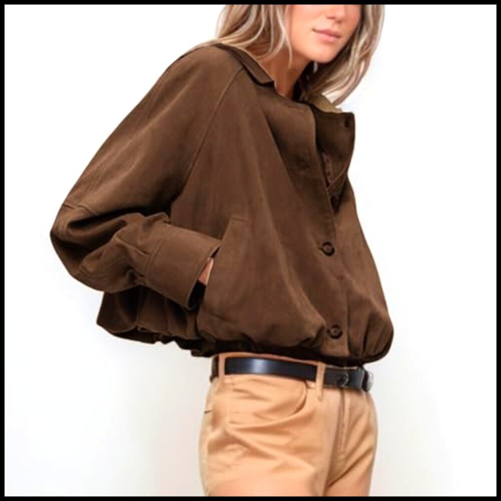 Oversized Faux Suede Bomber Jacket Gathered Hem Short Length Button Closure - Picture 4 of 7